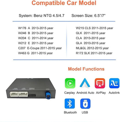 Wireless Carplay/Android Auto Adapter for Mercedes-Benz (2011-2015) NTG4.5/4.7 System Decoder Box Retains OEM Steering Wheel, Camera & Knob Control Compatible with A/B/C/E/GLK/GLA/ML/SLK
