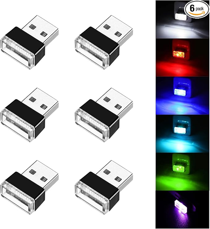 Ziciner 6 PCS USB LED Car Interior Atmosphere Lamp, Portable Mini LED Night Light, Plug-in USB Interface Trunk Ambient Lighting Kit, Universal Interior Accessories for Most Vehicles (6 Color)