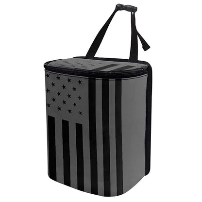 Vintage American Flag Black Grey Print Car Trash Can for Women Men Auto Interior Decor Portable Trash Bin with Lid and Zipper Collapsible Garbage Bag Hanging Multipurpose Car Seat Organizer