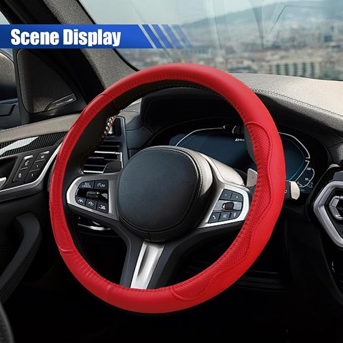 Car Steering Wheel Cover, 15 Inch Leather Anti-Slip Breathable Automotive Steering Wheel Protector, Universal Heat Resistant Vehicle Interior Accessories Cars, SUVs, Trucks(Red)
