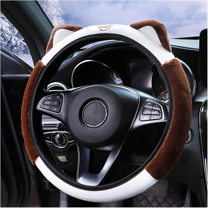 Bittwee Car Steering Wheel Cover, Fluffy Soft Plush for Winter Warm, Cute Steering Wheel Protector with Kitty Cat Ears, Universal 15 Inch, Elastic & Anti-Slip, Lovely Decor Car Accessories (Coffee)