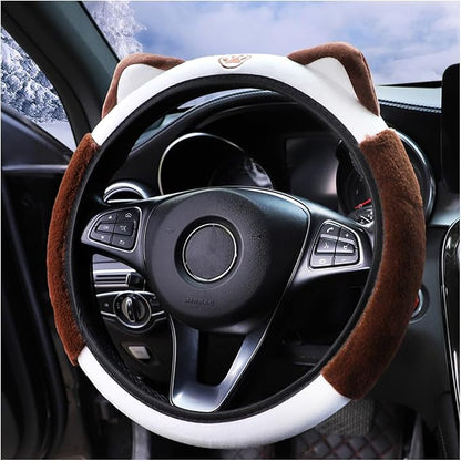 Bittwee Car Steering Wheel Cover, Fluffy Soft Plush for Winter Warm, Cute Steering Wheel Protector with Kitty Cat Ears, Universal 15 Inch, Elastic & Anti-Slip, Lovely Decor Car Accessories (Coffee)