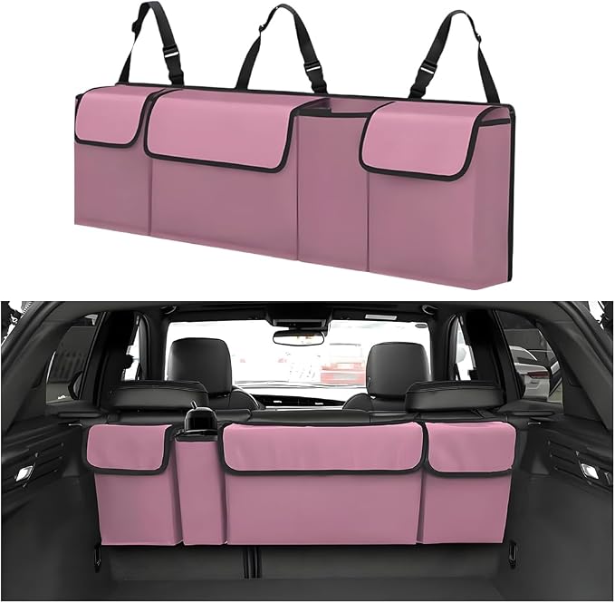 Car Trunk Organizer with Lid, Large Waterproof Vehicle Backseat Hanging Storage Bag with 4 Pockets & Adjustable Straps, Collapsible Automotive Interior Cargo Bag, Universal Fit (Pink)