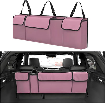 Car Trunk Organizer with Lid, Large Waterproof Vehicle Backseat Hanging Storage Bag with 4 Pockets & Adjustable Straps, Collapsible Automotive Interior Cargo Bag, Universal Fit (Pink)