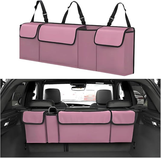 Car Trunk Organizer with Lid, Large Waterproof Vehicle Backseat Hanging Storage Bag with 4 Pockets & Adjustable Straps, Collapsible Automotive Interior Cargo Bag, Universal Fit (Pink)