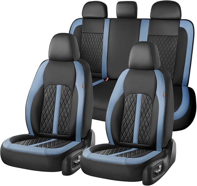Coverado Universal Leather Seat Covers Full Set for 5 Seats – Waterproof, Durable All-Weather Protector for SUV, Pickup Truck, Sedan, Blue&Black