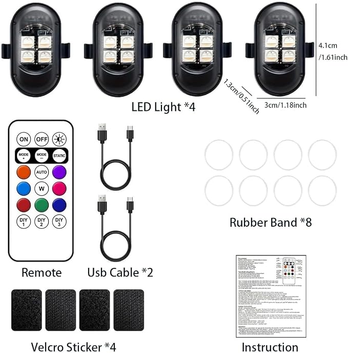 Upgraded 4PCS Mini Wireless LED Strobe Lights for Car Drone Motorcycle Bike with Remote Control High-Brightness Warning Wireless LED Lights for Motorcycle USB Rechargeable 8-Color Car Lights Interior