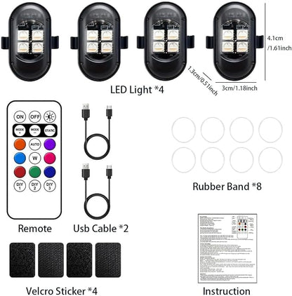 Upgraded 4PCS Mini Wireless LED Strobe Lights for Car Drone Motorcycle Bike with Remote Control High-Brightness Warning Wireless LED Lights for Motorcycle USB Rechargeable 8-Color Car Lights Interior