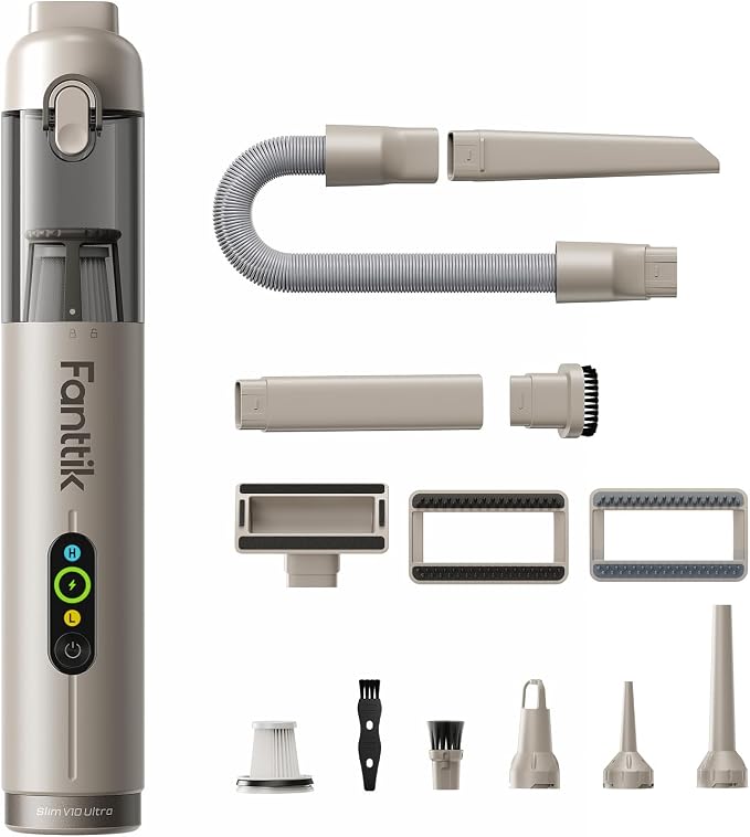 Fanttik Slim V10 Ultra Cordless Car Vacuum, 4-in-1 Portable Mini Vacuum with 19kPa Suction, Freely Combinable Accessories, 2 Suction Modes, Handheld Vac for Car, Small Jobs, Keyboard, Office (Brown)