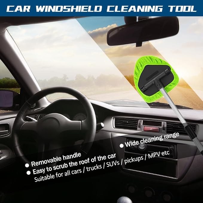 Car Wash Brush with Long Handle, Windshield Cleaning Tool, Car Washing Mop Kit Mitt Sponge Car Cleaning Supplies Kit, Microfiber Towel Gloves Universal for Cars RV SUV Truck Office (Green)