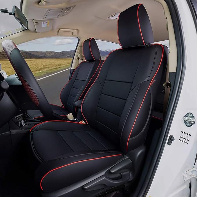 EKR Rav4 Seat Covers Custom Fit for Toyota Rav4 2016 2017 2018(Hybrid) LE,SE,XLE,Limited, Leather Car Seat Cover Full Set for SUV,Faux Leather(Black with Red Trim)