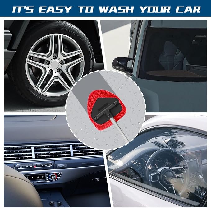 Car Wash Brush with Long Handle, Windshield Cleaning Tool, Car Washing Mop Kit Mitt Sponge Car Cleaning Supplies Kit, Microfiber Towel Gloves Universal for Cars RV SUV Truck Office (Red)