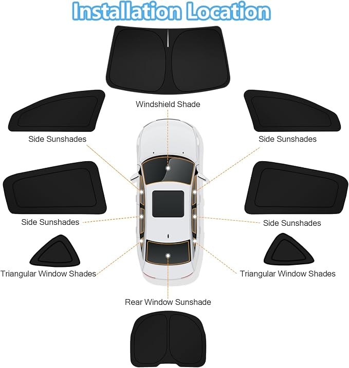 KUST Car Window Shades for Tesla Model Y 2020-2024(Not for Juniper) Windshield Sun Shade Side Window Cover UV Block Privacy Protection Accessories for Camping Blackout Rear Back Full Set 8PCS