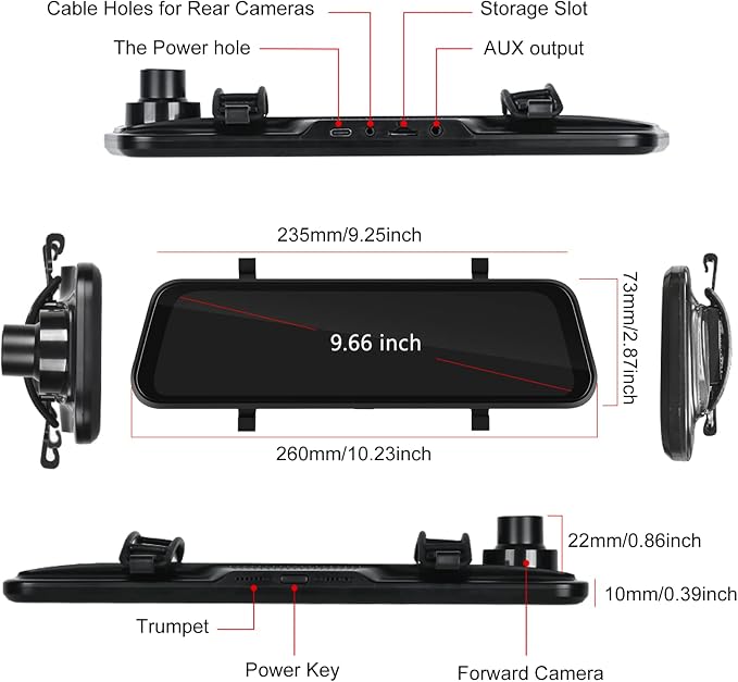 Mirror Dash Cam Front and Rear Camera with Apple Carplay/Android Auto 9.66 inch Mirror Backup Camera for Cars&Trucks Driving Recorder Voice Control 24-Hour Parking Monitoring Waterproof Night Vision