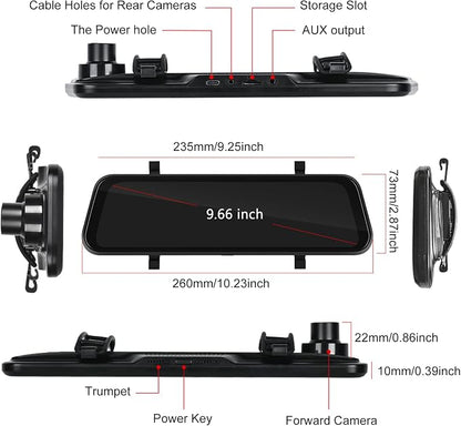 Mirror Dash Cam Front and Rear Camera with Apple Carplay/Android Auto 9.66 inch Mirror Backup Camera for Cars&Trucks Driving Recorder Voice Control 24-Hour Parking Monitoring Waterproof Night Vision