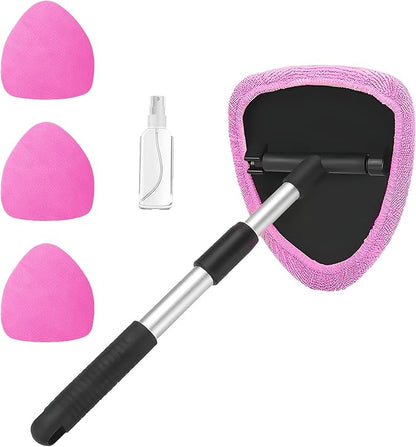 Car Window Cleaner, Car Cleanser Brush, Car Accessories Car Cleaning Supplies Tools, Car Cleaning Kit with Extendable Handle, Microfiber Cloth, Spray Bottle, Fits All Cars (Pink)