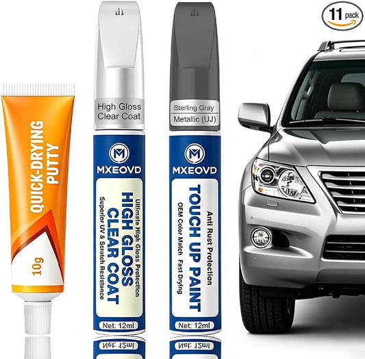 Sterling Gray Metallic UJ Touch Up Paint Compatible with Ford, All in One Car Scratch Repair Kit with Primer Putty & Clear Coat, Complete Sanding Tools Set for Scratches Chips Nicks