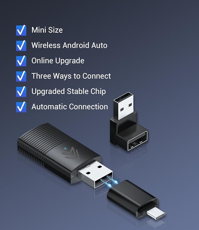 Android Auto Wireless Adapter for Factory Wired Auto Cars from 2016, Mini Android Auto Adapter Converts Wired to Wireless Car Play Dongle to USB& USB-C, Plug & Play, Online Update (Black)
