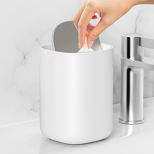 CEROELDA Mini Desktop Trash Can with Swing-Top Lid, 0.4 Gal/1.5L Tabletop Trash Can, Small Wastebasket for Bathroom Countertop, Vanitie, Coffee Area, or Office (White)