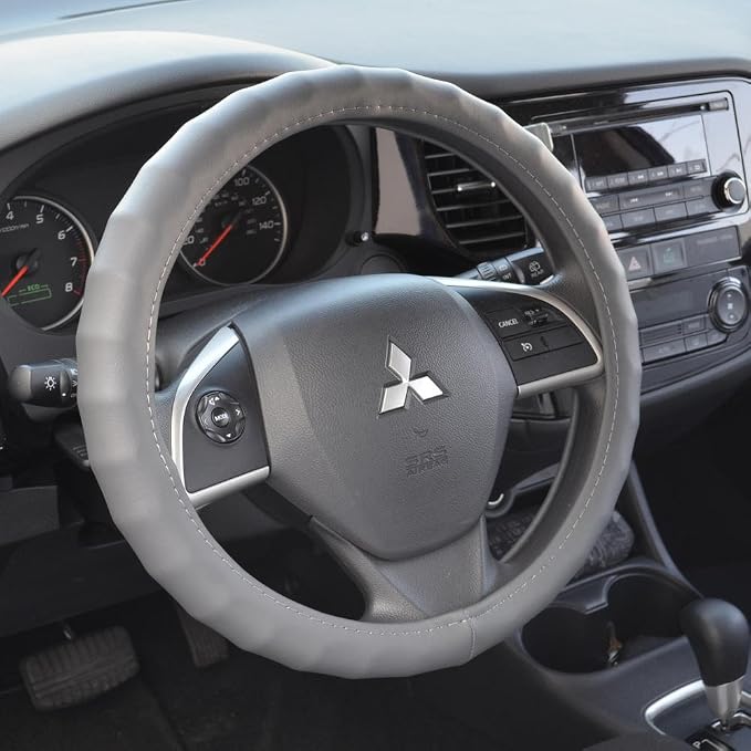 BDK Gray Leather Car Steering Wheel Cover Large Size 15.5 to 16 inch, Easy Installation