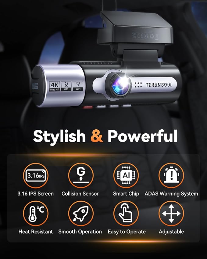4K Dash Cam Front and Rear, Full HD 3 Channel Dashcam, Free 128GB Memory Card, Built-in 5.8GHz WiFi Built-in GPS, Collision Sensor, Night Vision, 3.16" IPS, 24H Parking Mode（Black）