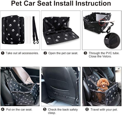 Petbobi Pet Reinforce Car Booster Seat for Dog Cat Portable and Breathable Bag with Seat Belt Dog Carrier Safety Stable for Travel Look Out,with Clip on Leash with PVC Tube, Black Paw Print