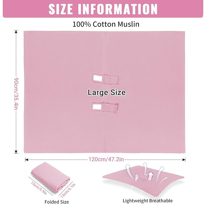 Metplus Muslin Car Seat Cover for Baby Girls, 100% Cotton Breathable Infant Carseat Canopy for Summer, Lightweight Stroller Sunshade Covers (Pale Pink)
