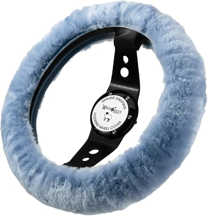 Andalus Brands Luxury Fluffy Car Steering Wheel Covers – Genuine Merino Sheepskin, Soft Fuzzy Car Steering Wheel Cover for Women, Universal 14.5-15" Size, Plush Fur Cute Auto Accessories, Blue Gray