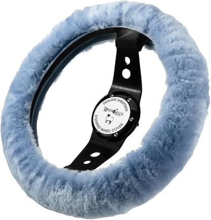 Andalus Brands Luxury Fluffy Car Steering Wheel Covers – Genuine Merino Sheepskin, Soft Fuzzy Car Steering Wheel Cover for Women, Universal 14.5-15" Size, Plush Fur Cute Auto Accessories, Blue Gray