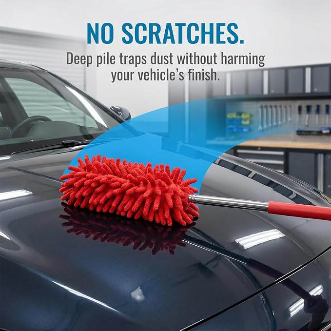 2PCS Car Interior Duster with Extension Pole, 9.45" to 28.35" Microfiber Soft Vehicle Dash Dusting Detailing Wash Brushes, Automotive Dash Cleaning Tool, Universal for SUV RV Truck (Red)