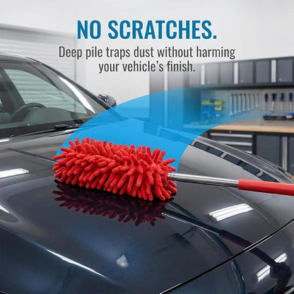 2PCS Car Interior Duster with Extension Pole, 9.45" to 28.35" Microfiber Soft Vehicle Dash Dusting Detailing Wash Brushes, Automotive Dash Cleaning Tool, Universal for SUV RV Truck (Red)