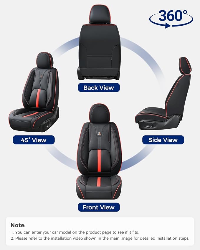 Huidasource Front Seat Covers Luxury Nappa Leather, Car Seat Cover Front Seats with Airbag, Front Storage Pocket, Lumbar Support, Cooling＆Heating, Universal Fit for Most Cars SUV Trucks, Black&Red