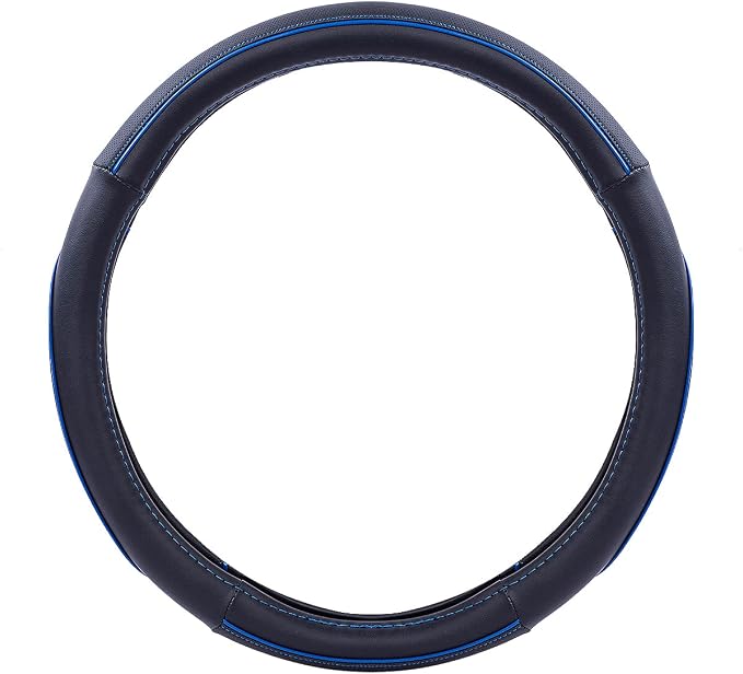 Car Pass Colour Piping Leather Universal Fit Steering Wheel Cover,Perfectly fit for 14.5-15 inches Suvs, Vans, Trucks, Sedans, Cars (Black&Blue)