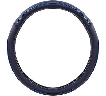 Car Pass Colour Piping Leather Universal Fit Steering Wheel Cover,Perfectly fit for 14.5-15 inches Suvs, Vans, Trucks, Sedans, Cars (Black&Blue)