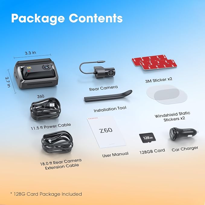 DDPAI 4K Dash Cam Front and Rear, Built-in 32G eMMC Dual Dash Camera for Cars, 128GB Card Included Dashcam,GPS, Night Vision,5G WiFi, 7-Days Parking Mode, 3" IPS, ADAS, WDR, Support 512GB, Z60