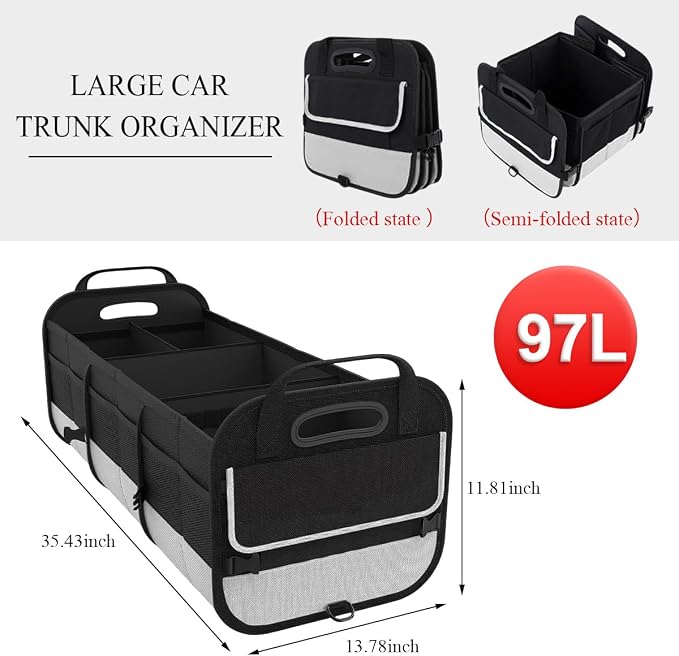 povtii Large Organizer for Car, 95L Stretchable Storage Trunk Organizer with Divided Compartments, Fixed Big Trunk Organizer with Handles & Adjustable Straps, Car Accessories (Black & Gray)