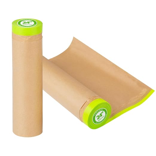 Tangibay Pre-Taped Masking Paper for Painting - 24 inch x 50 feet Tape and Drape Painters Paper, Paint Adhesive Protective Paper Roll for Covering Skirting, Frames, Cars and Auto Body (2 Rolls)