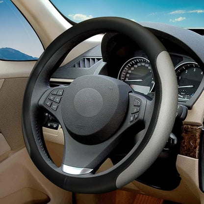 Steering Wheel Cover, Microfiber Leather Splicing with Classic Embossing,Contrasting Colors Anti-Slip Breathable Auto Car Steering Wheel Cover Fit 15 Inch Car Wheel Protector (Black&Gray)