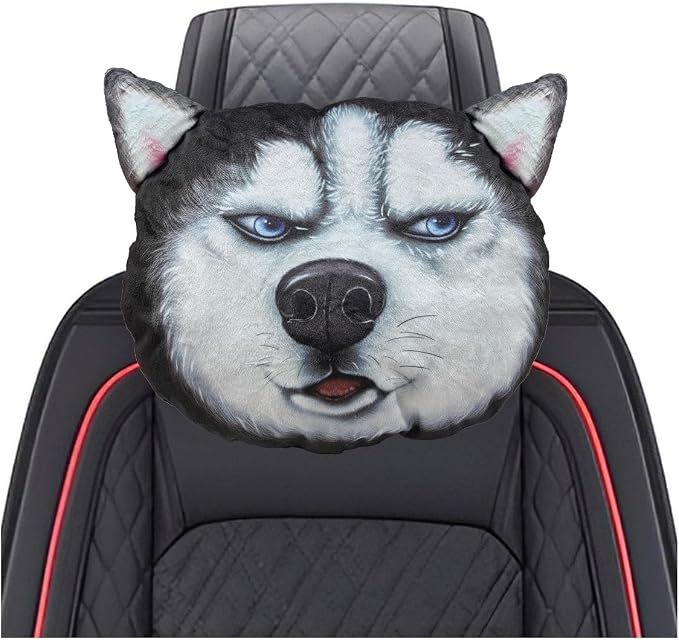 Cute Husky Dog Car Headrest Pillow- Memory Foam Car Neck Pillow Auto Seat Cushion of Headrests for Pain Pressure Relief- Cartoon Neck Support Cushion with Adjustable Strap for Most Cars (Husky)