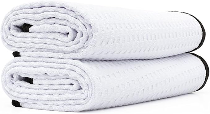 The Rag Company Dry Me A River, Professional Korean 70/30 Blend Microfiber Waffle-Weave Drying & Detailing Towels, Soft Suede Edges, 390 GSM, 20x40 Inches, White, 2-Pack