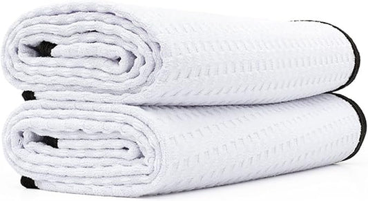 The Rag Company Dry Me A River, Professional Korean 70/30 Blend Microfiber Waffle-Weave Drying & Detailing Towels, Soft Suede Edges, 390 GSM, 20x40 Inches, White, 2-Pack