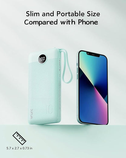 VRURC Portable Phone Charger for iPhone, 10000mAh Power Bank Built in Cables & Lanyard, Slim USB C Battery Bank 5 Outputs for Multi Devices,Travel Essential for College Students Teen Boys Girls-Green