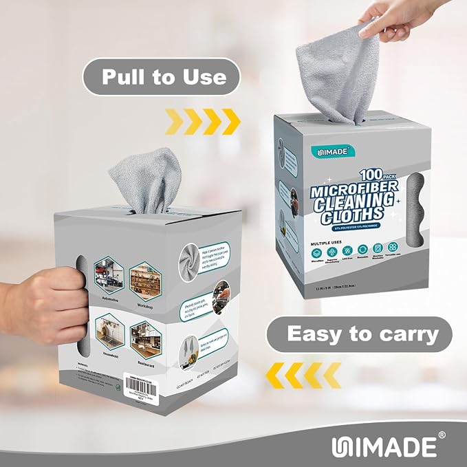 UNIMADE Microfiber Cleaning Cloth, 100 Sheets Microfiber Towels for Cars Commercial Grade Washcloths Lint-Free Bulk Shop Towel Cleaning Rags for Household Restaurant Garage Housekeeping, 11"x 9", Grey