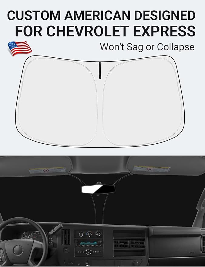 Proadsy Windshield Sun Shade Custom Fit 1996-2025 2026 Chevrolet Express Cargo Van, 1500, 3500, 4500 4-Layer Foldable Front Sunshade Protector Sun Visor Blocker Keep Car Cooler Accessories