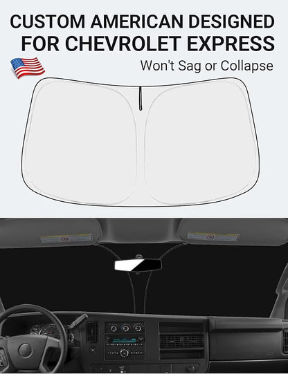 Proadsy Windshield Sun Shade Custom Fit 1996-2025 2026 Chevrolet Express Cargo Van, 1500, 3500, 4500 4-Layer Foldable Front Sunshade Protector Sun Visor Blocker Keep Car Cooler Accessories