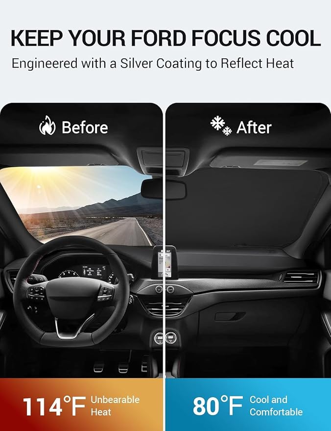 Proadsy 2026 Upgrade Front Windshield Sun Shade Foldable Sunshade Protector Custom Fit 2012-2018 Ford Focus S, RS, ST, SE, SEL, Titanium, Electric Sedan Hatchback Accessories