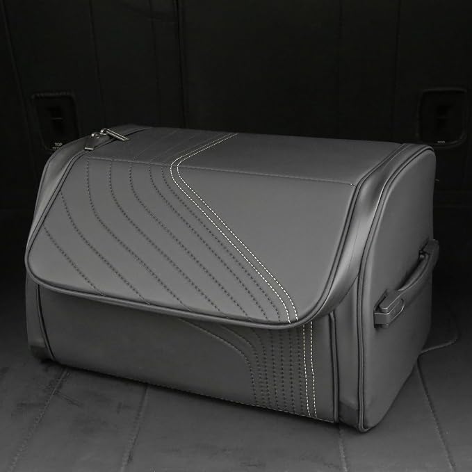 TOPABYTE Car Trunk Organizer with Lid and Sturdy Handle Foldable Durable Premium Leather Storage Box Cargo for BMW SUV Sedan Truck, Black, Small