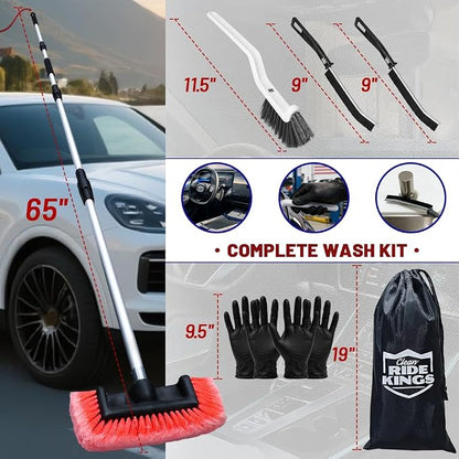 65" Flow-Thru Car Wash Brush with Pole, Red, 4-Head Kit | Red soft bristle brush with 3 extra detail brushes (tire scrubber & 2 stiff). 4-head heavy duty truck wash kit with bag.