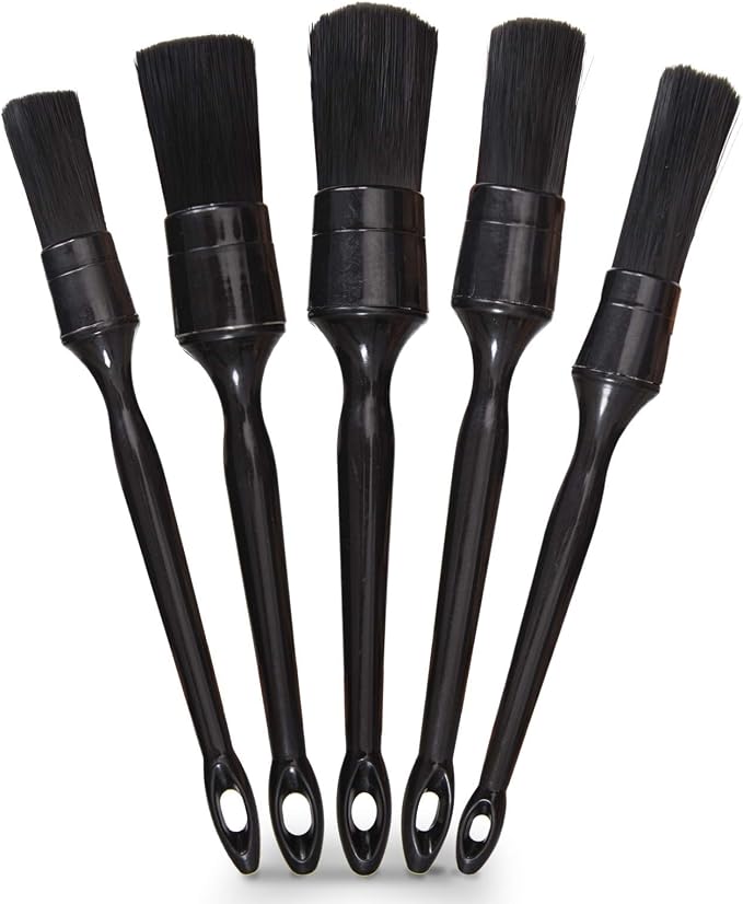 Car Detailing Brush Set, 5 Pack Auto Black Detail Brushes, Comfortable Grip and Scratch-Free Cleaning Brush for Car Interior or Exterior, Wheels, Tires, Engine Bay, Leather Seats, Door Panels, Emblems