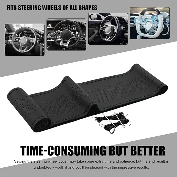 Wevdn Genuine Leather Steering Wheel Cover, Stitch on Wrap, DIY Sewing Steering Wheel Protector, 15 Inch Breathable Non-Slip Steering Wheel Protector, Car Accessories (Black, Middle Hole)